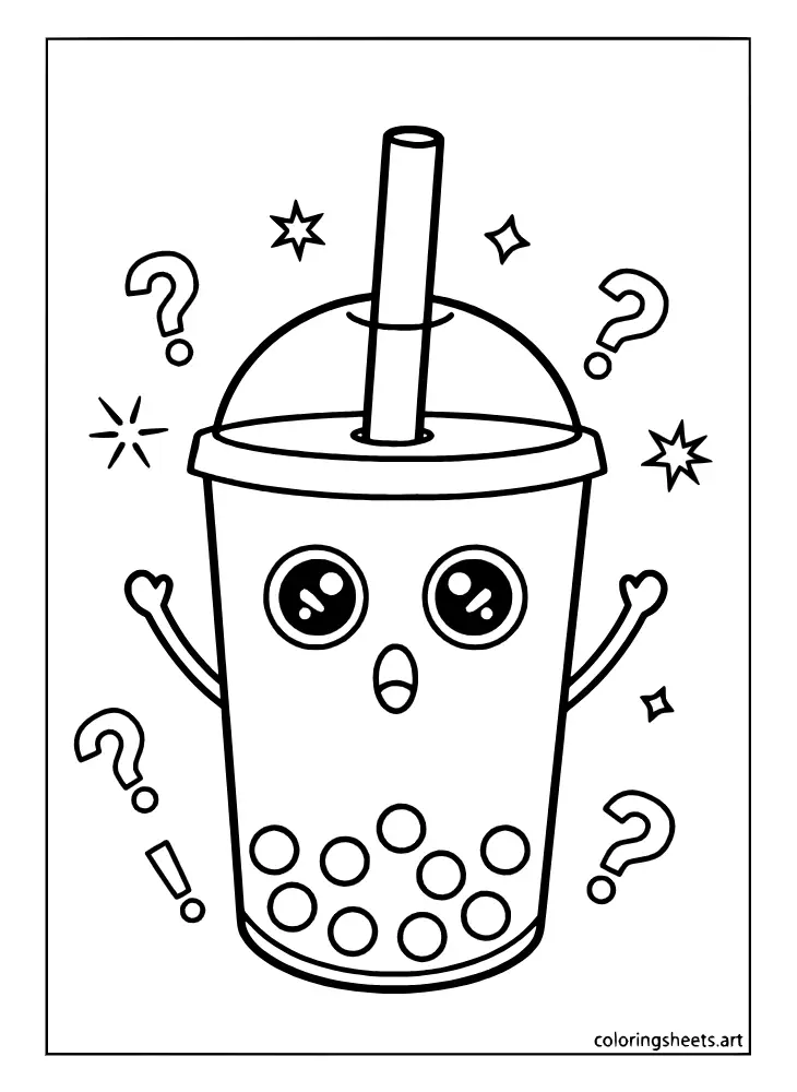 Black and white coloring page outline of a surprised kawaii boba cup with wide eyes