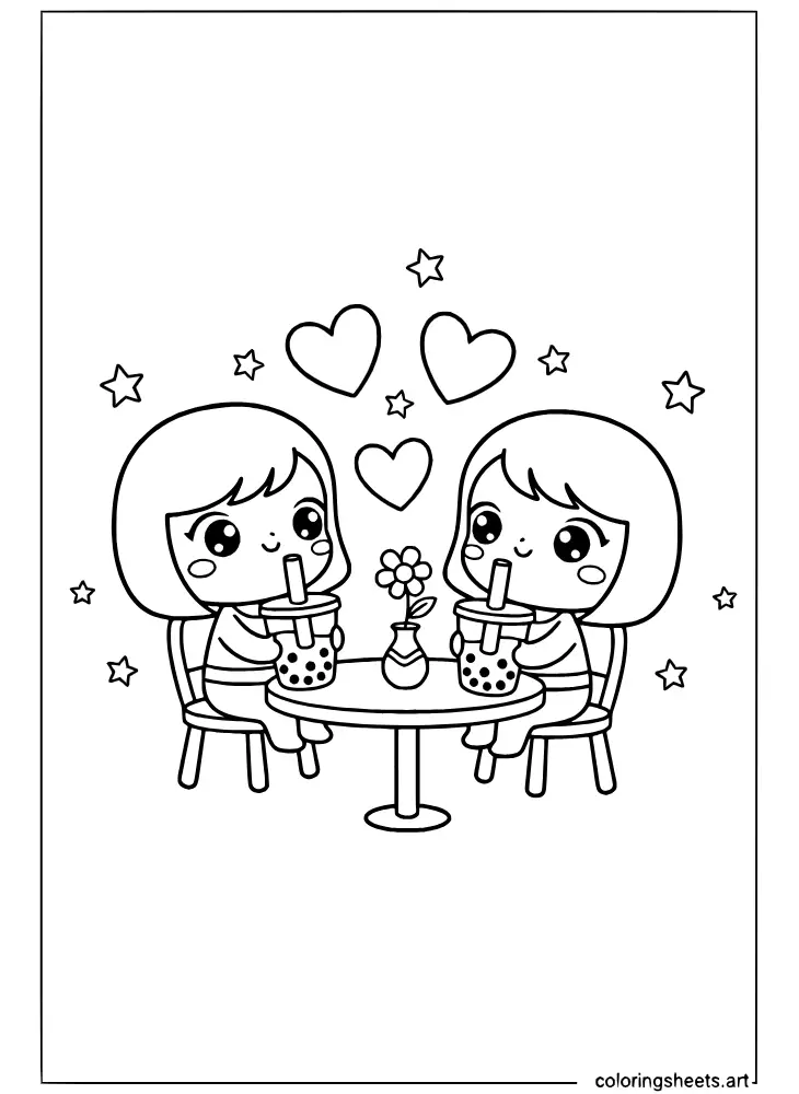 Two kawaii friends sharing boba together on a relaxing coloring page