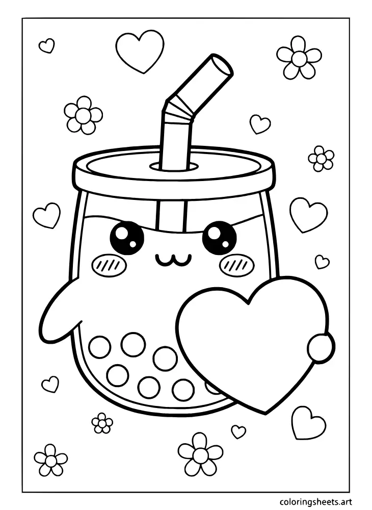 A cute coloring page of a kawaii boba cup sending a Valentine heart