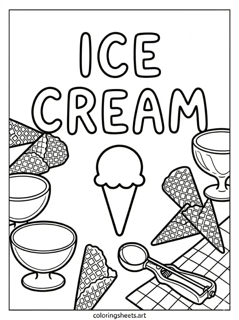 ICE CREAM text and cone simple coloring page for toddlers