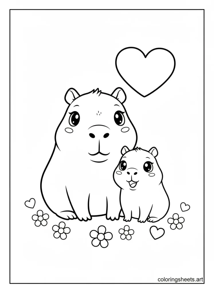 Sweet baby capybara sitting next to mama capybara coloring page