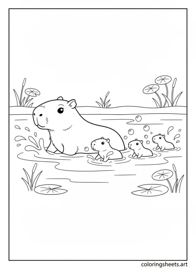 Baby capybaras learning to swim with mama in the river coloring page