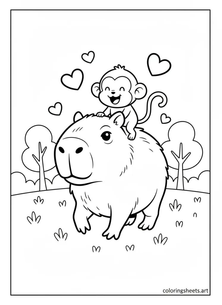 Capybara walking with a baby monkey riding on its back coloring page