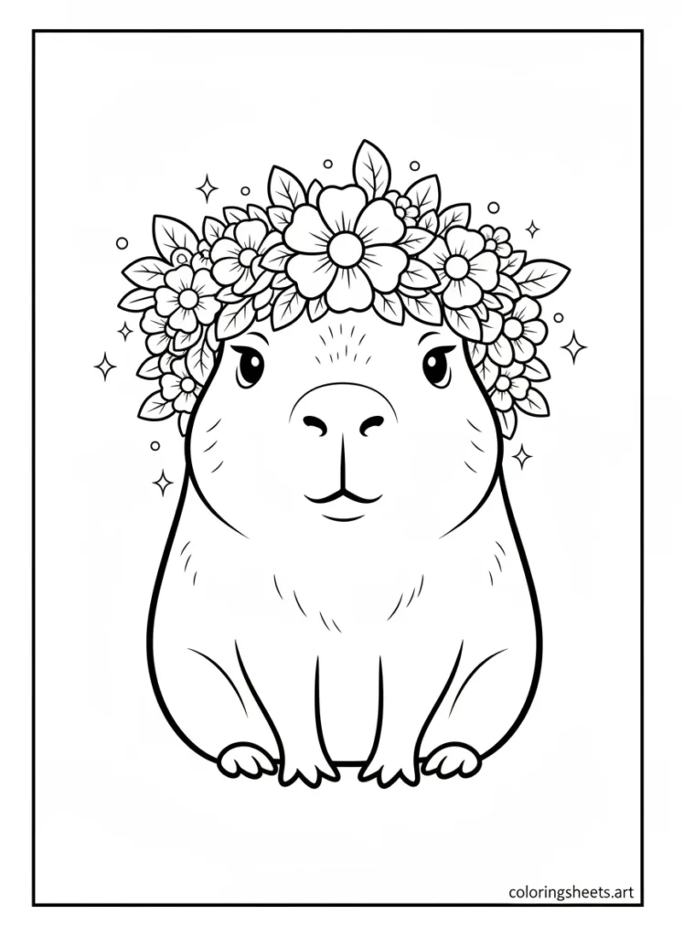 Cute capybara wearing a big flower crown looking proud coloring page