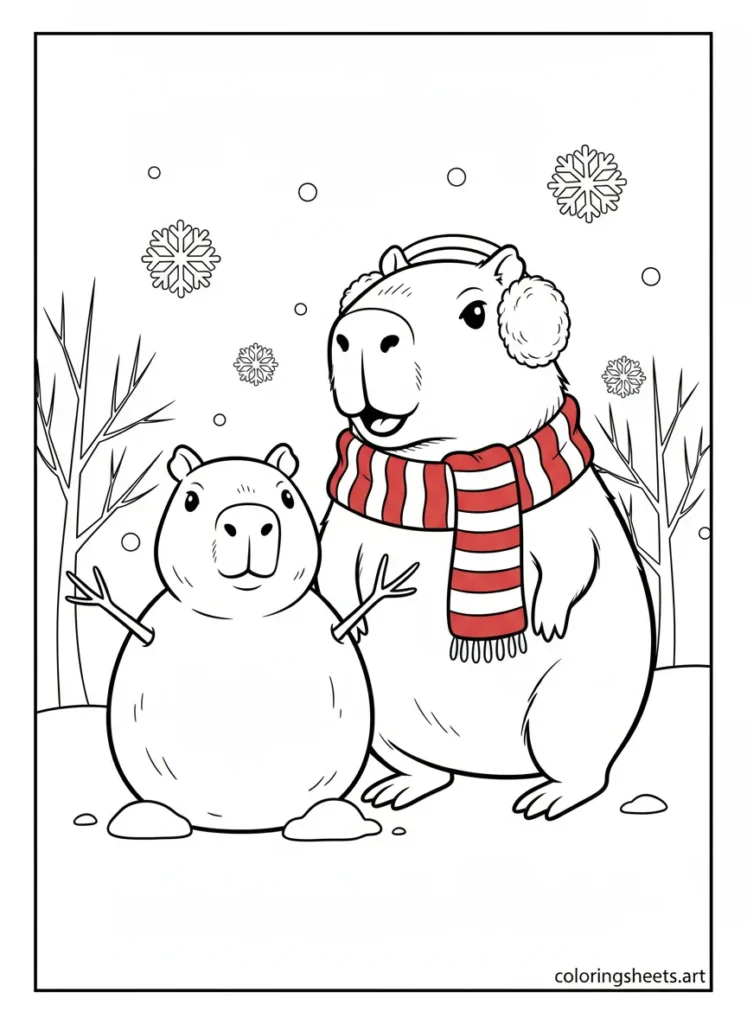 Capybara building a funny capybara-shaped snowman in winter coloring page