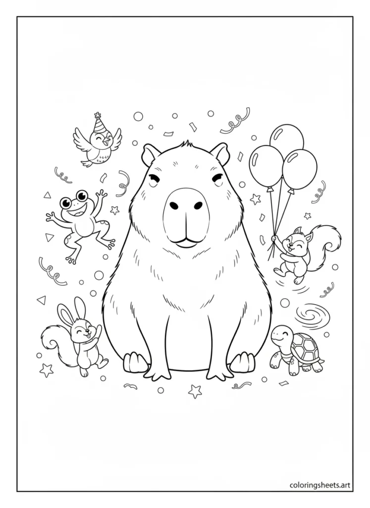 Capybara sitting calmly in the middle of a wild animal party coloring page