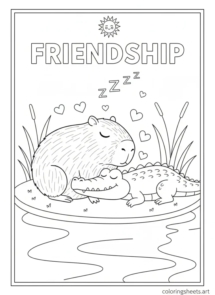 Capybara and crocodile taking a peaceful nap side by side coloring page