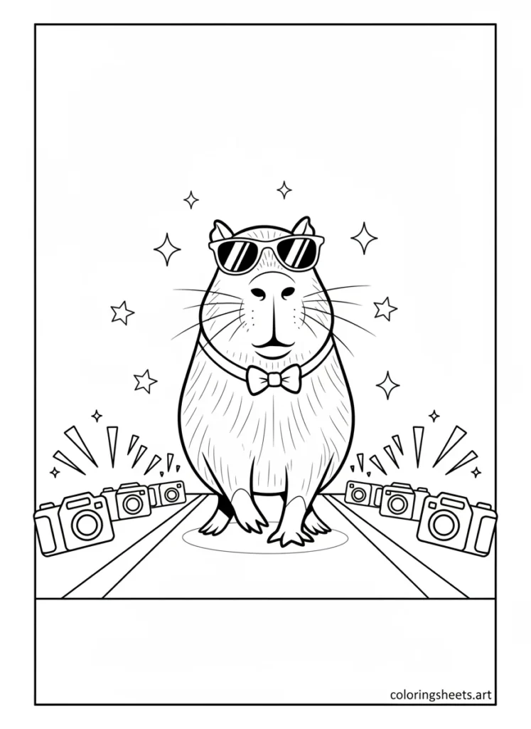 Capybara walking a red carpet like a famous celebrity coloring page