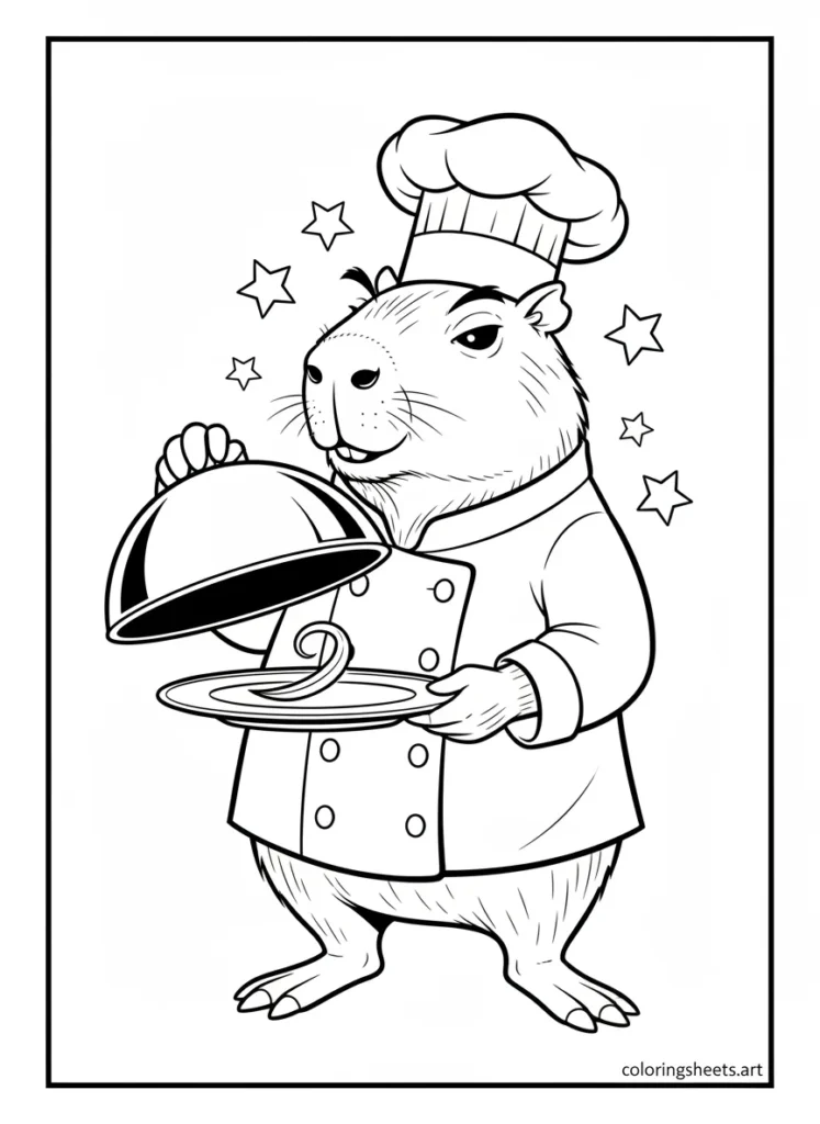 Capybara dressed as a chef presenting a fancy dish coloring page