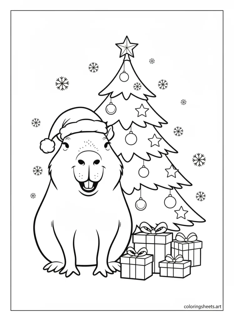 Capybara sitting by a Christmas tree surrounded by presents coloring page