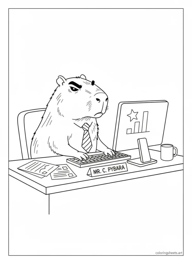Capybara sitting at a computer desk looking very busy and important coloring page