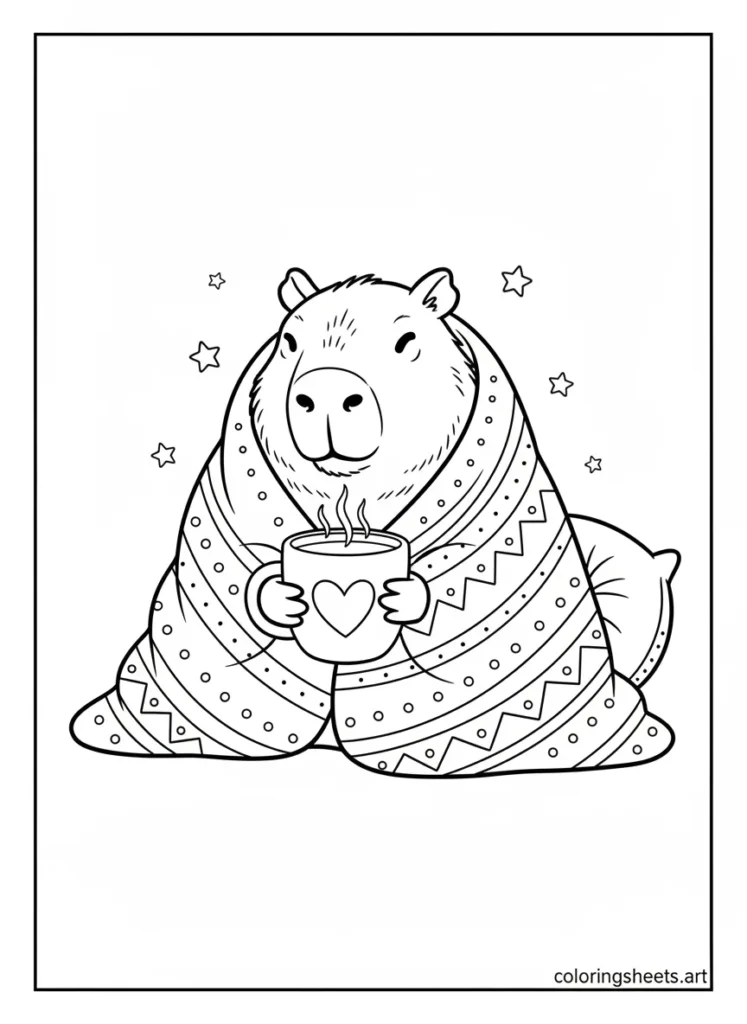 Capybara wrapped in a cozy blanket drinking hot cocoa coloring page