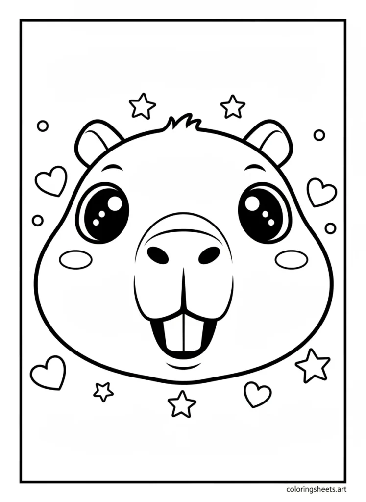 Cute capybara face with a big happy smile close-up coloring page
