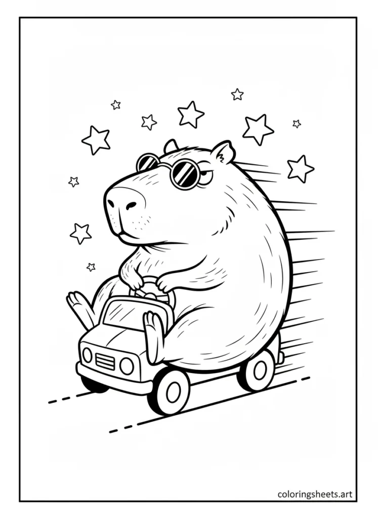 Capybara driving a tiny car with one paw on the steering wheel coloring page