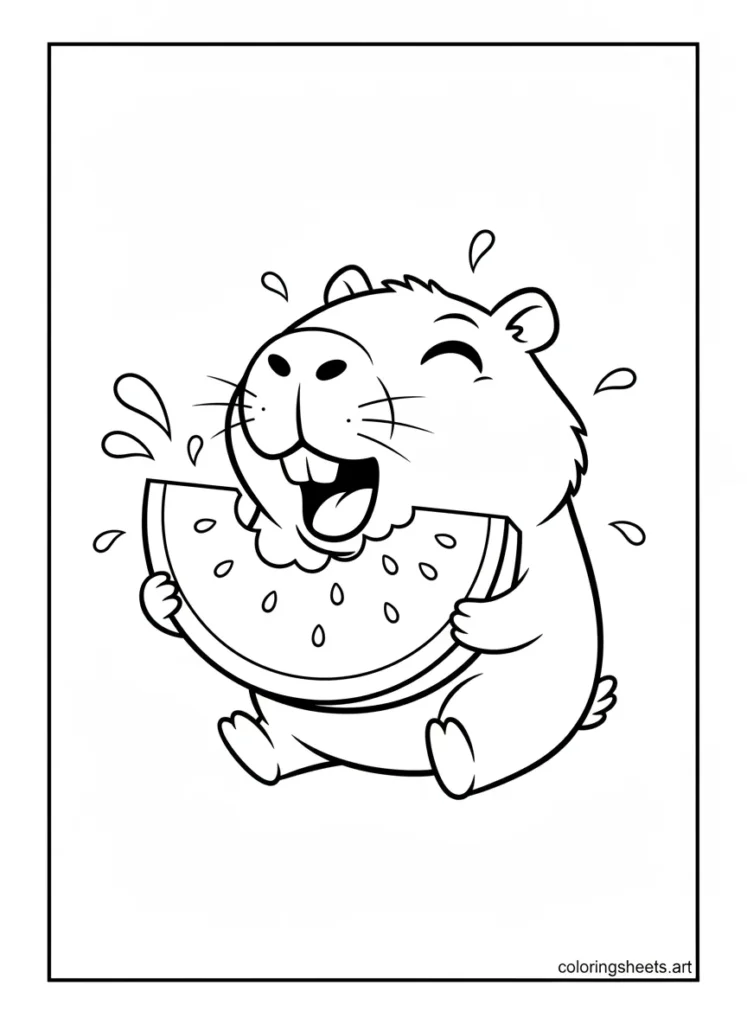 Cute capybara eating a giant slice of watermelon coloring page