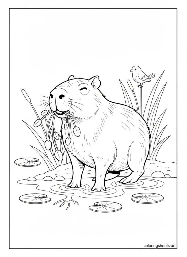 Capybara happily eating roots and water plants coloring page