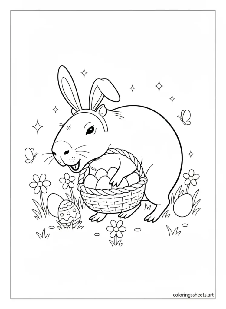 Capybara egg hunting on Easter morning with a big basket coloring page