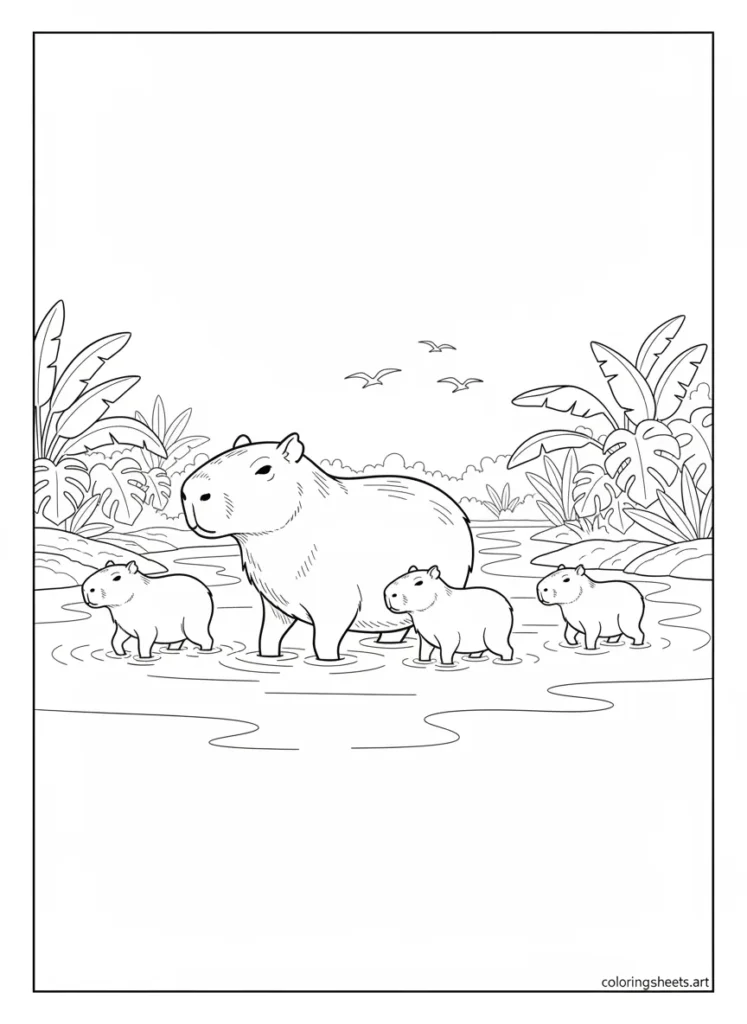 Capybara family crossing a wide river together coloring page