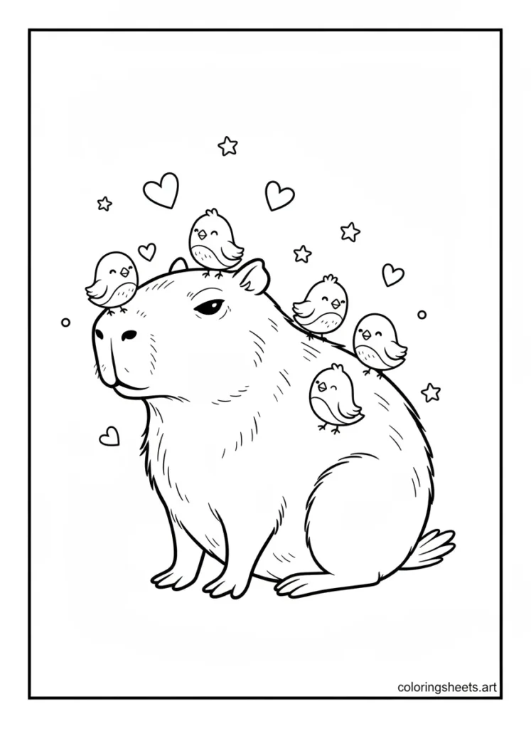 Capybara with five little birds sitting on top of it coloring page