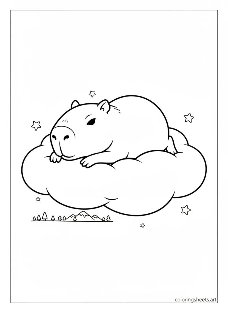 Capybara floating on a cloud looking down calmly coloring page
