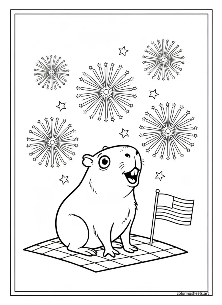 Capybara watching Fourth of July fireworks with wide eyes coloring page