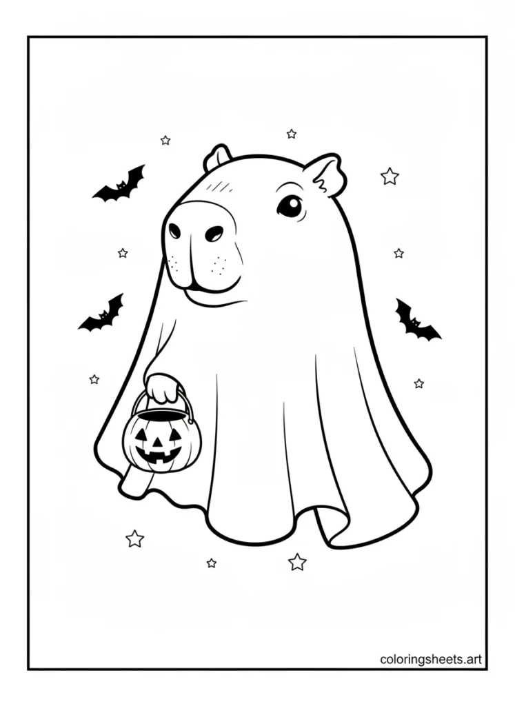 Capybara wearing a funny ghost Halloween costume coloring page
