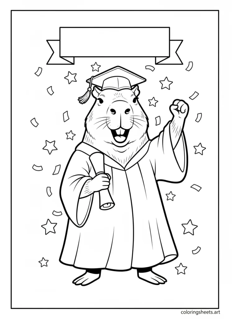 Capybara wearing a graduation cap and holding a diploma coloring page