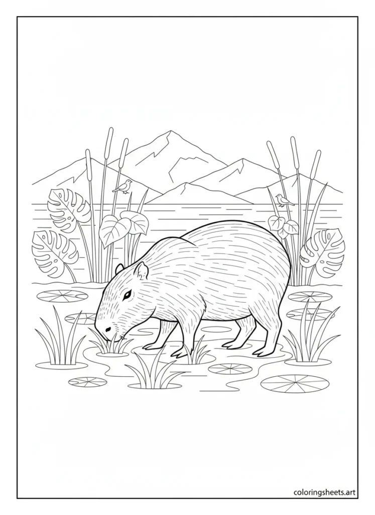 Capybara grazing in a lush South American wetland coloring page
