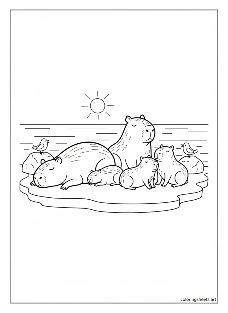 Capybara group sunbathing together on a sunny riverbank coloring page