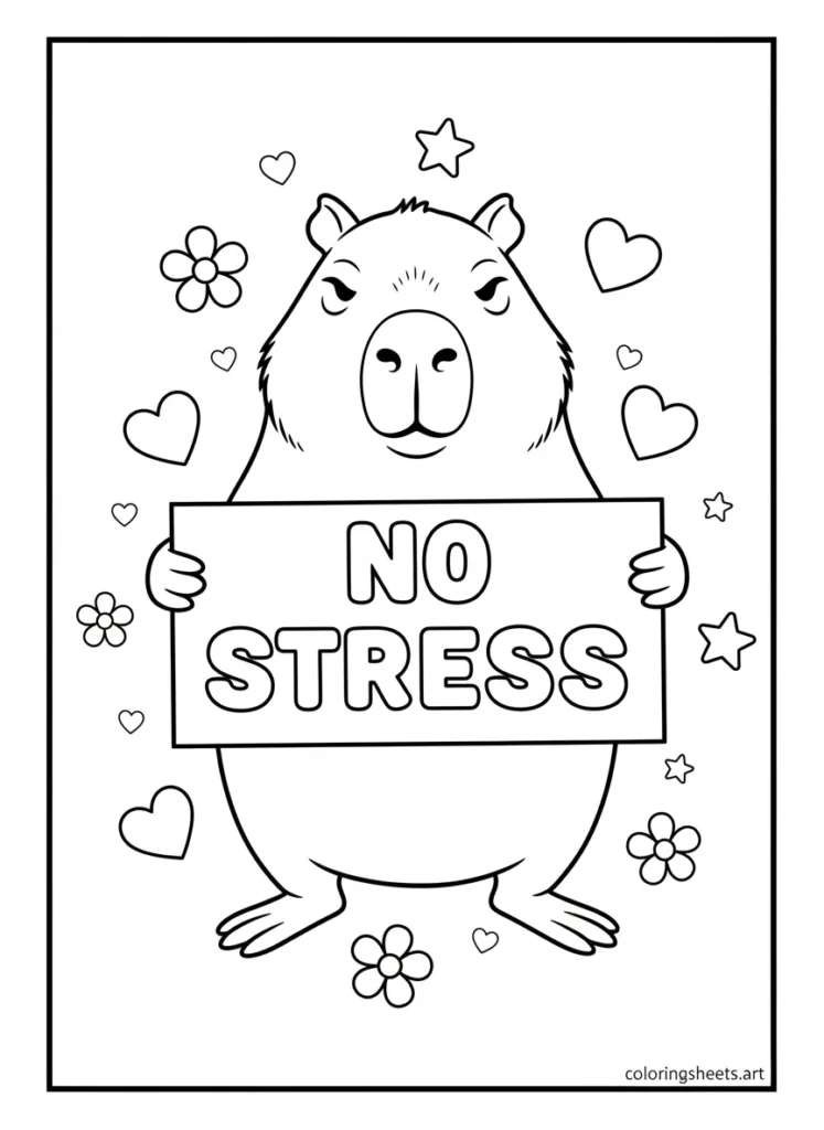 Capybara holding a big sign that says no stress coloring page
