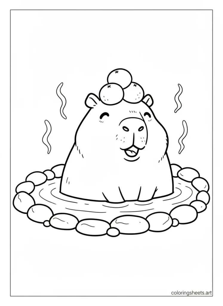Capybara soaking in a hot spring with oranges on its head coloring page