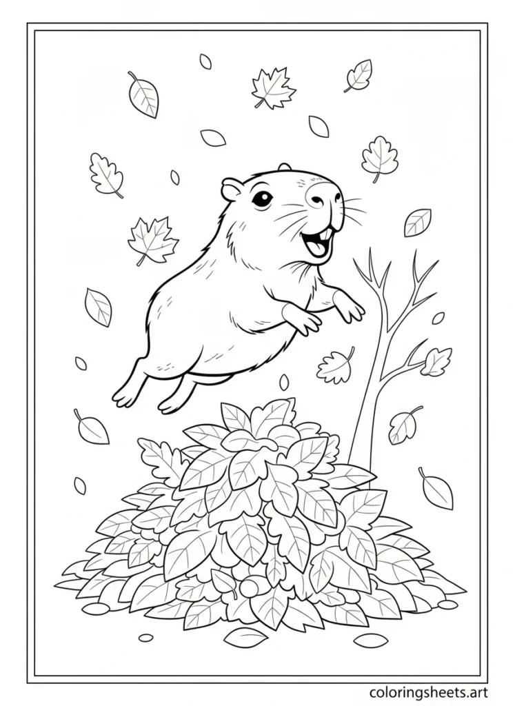 Capybara jumping into a pile of fall autumn leaves coloring page