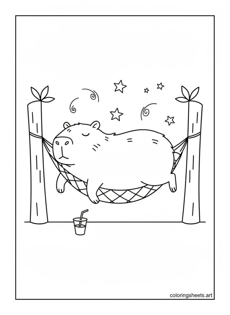 Capybara lounging on a hammock between two trees coloring page