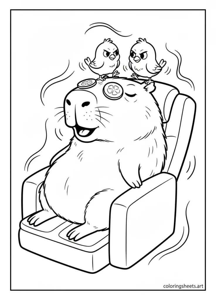 Capybara sitting in a massage chair getting pampered coloring page