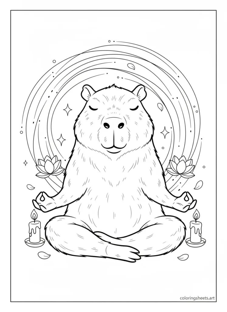 Capybara meditating in a peaceful zen pose coloring page