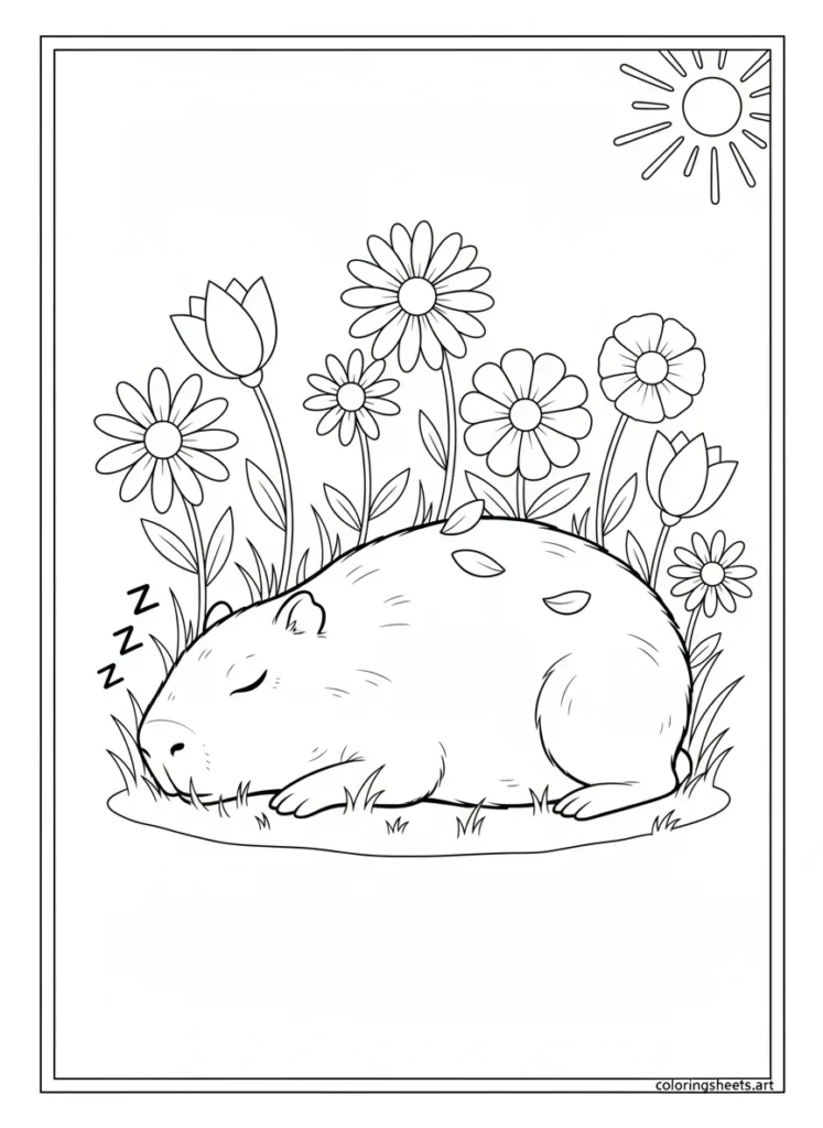 Capybara taking a peaceful nap in a field of flowers coloring page