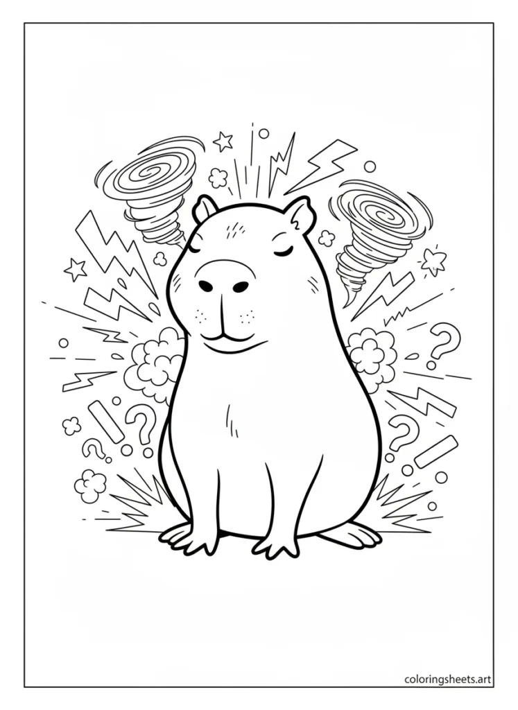 Capybara standing perfectly calm while everything is chaotic around it coloring page