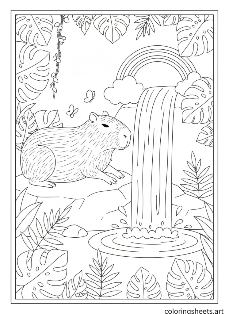 Capybara resting next to a waterfall in the rainforest coloring page