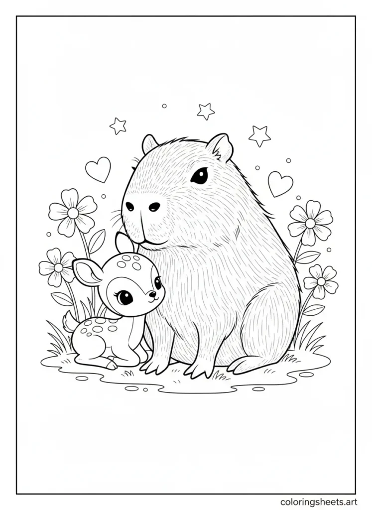Capybara resting in the grass with a sweet baby deer coloring page
