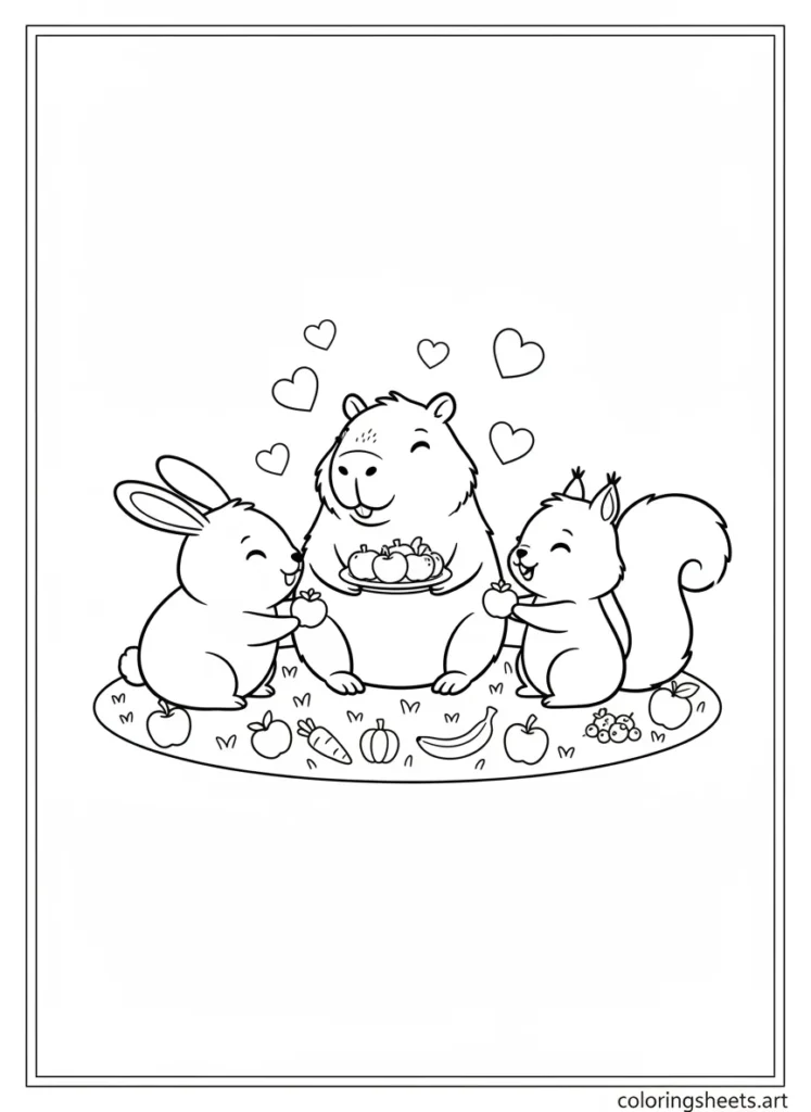 Capybara sharing snacks with a rabbit and a squirrel coloring page