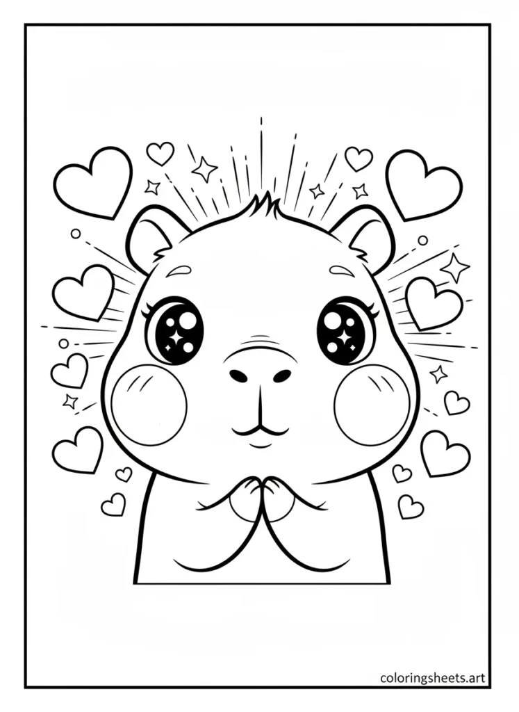 Cute capybara with sparkle eyes and big blush cheeks coloring page