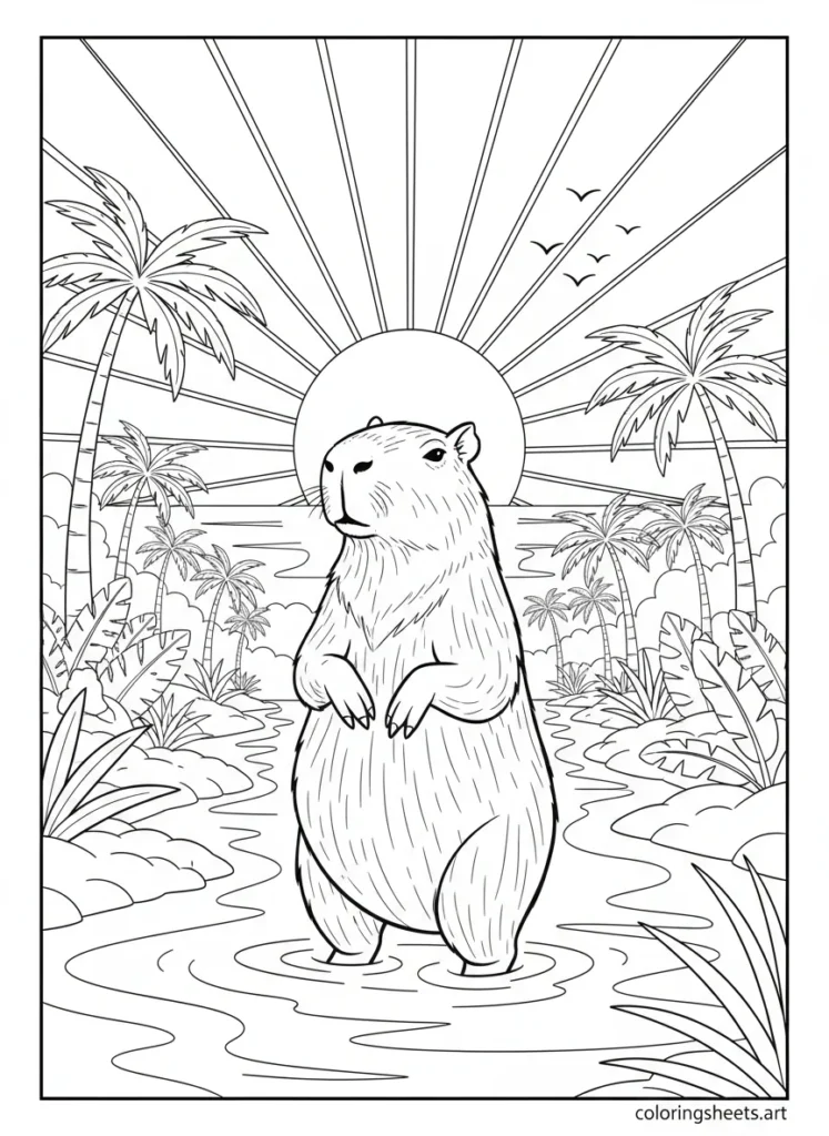 Capybara standing in a jungle river at sunset coloring page