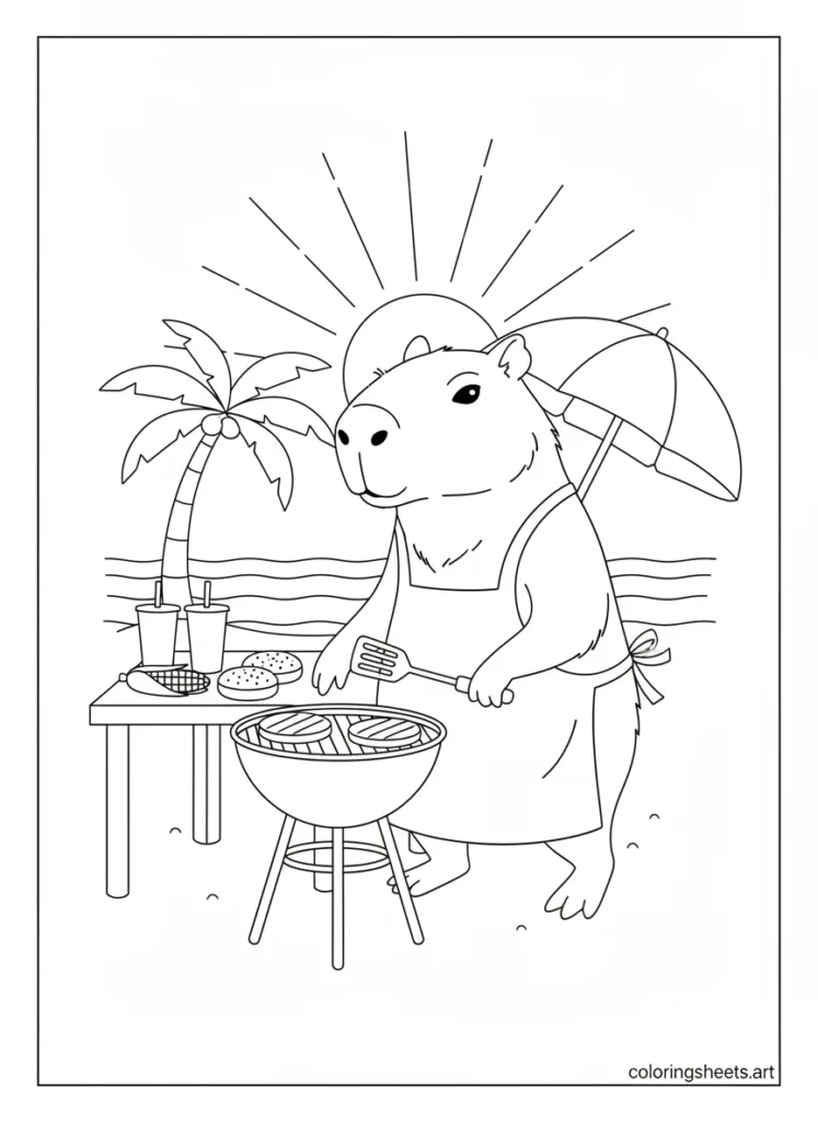 Capybara hosting a fun summer beach barbecue coloring page