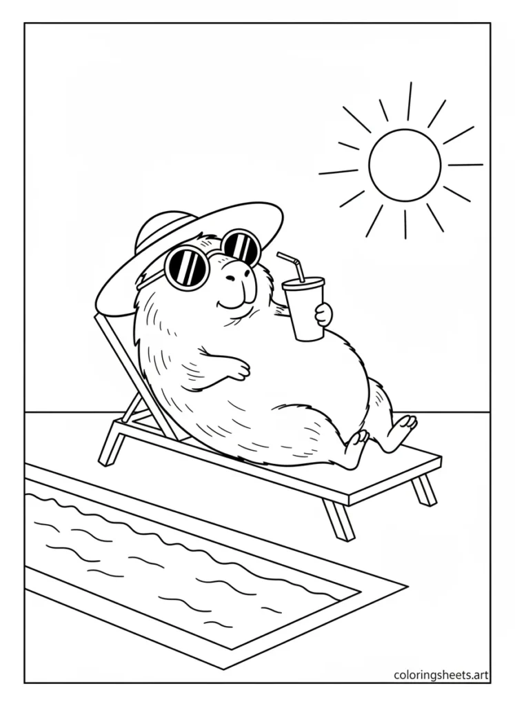 Capybara wearing sunglasses sunbathing by the pool coloring page