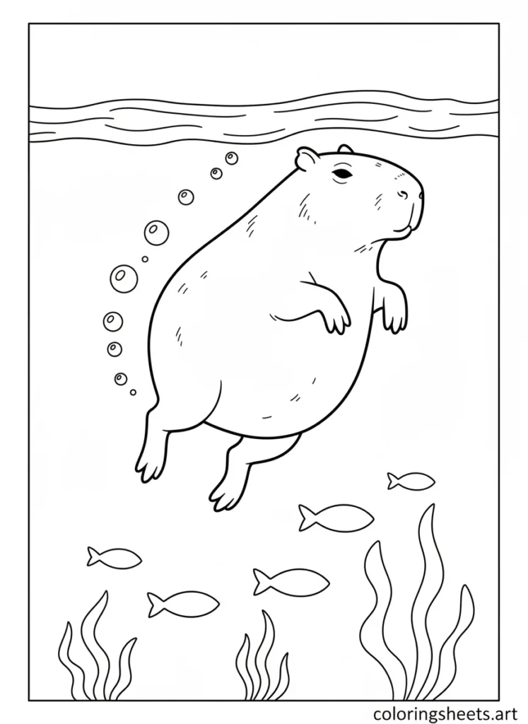 Capybara swimming underwater seen from below coloring page