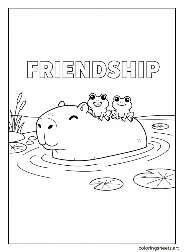 Capybara swimming with a happy family of frogs coloring page