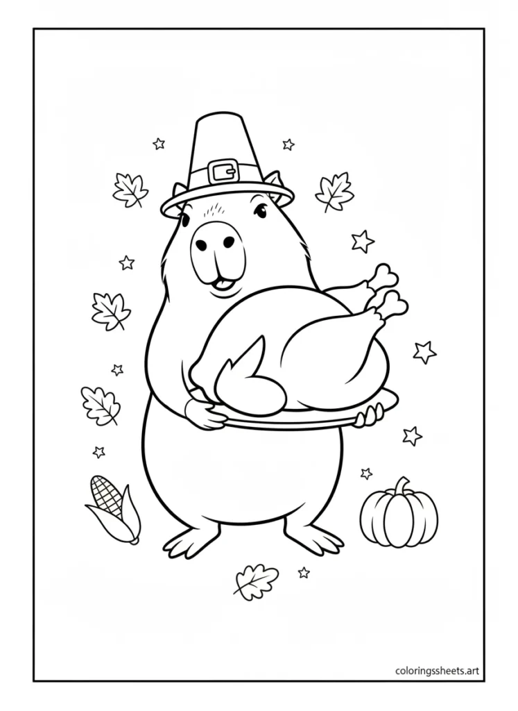 Capybara carrying a Thanksgiving turkey platter coloring page