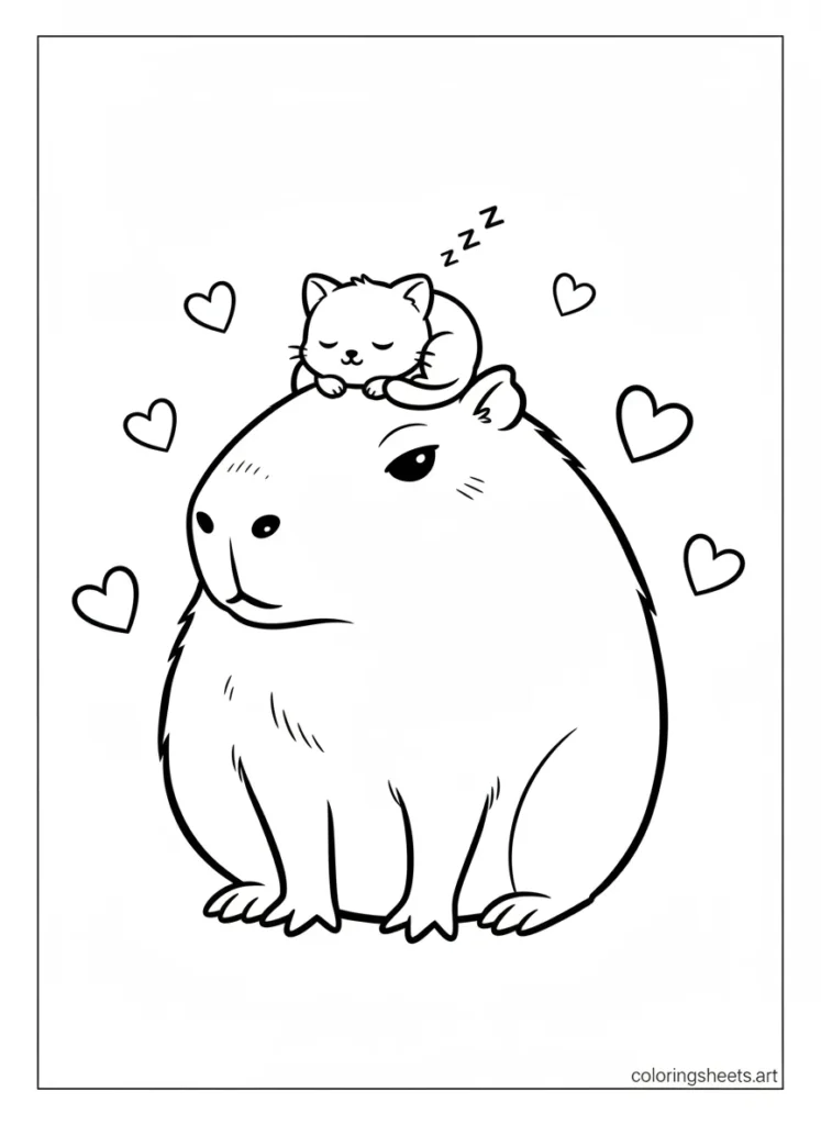 Capybara with a tiny kitten fast asleep on top of its head coloring page