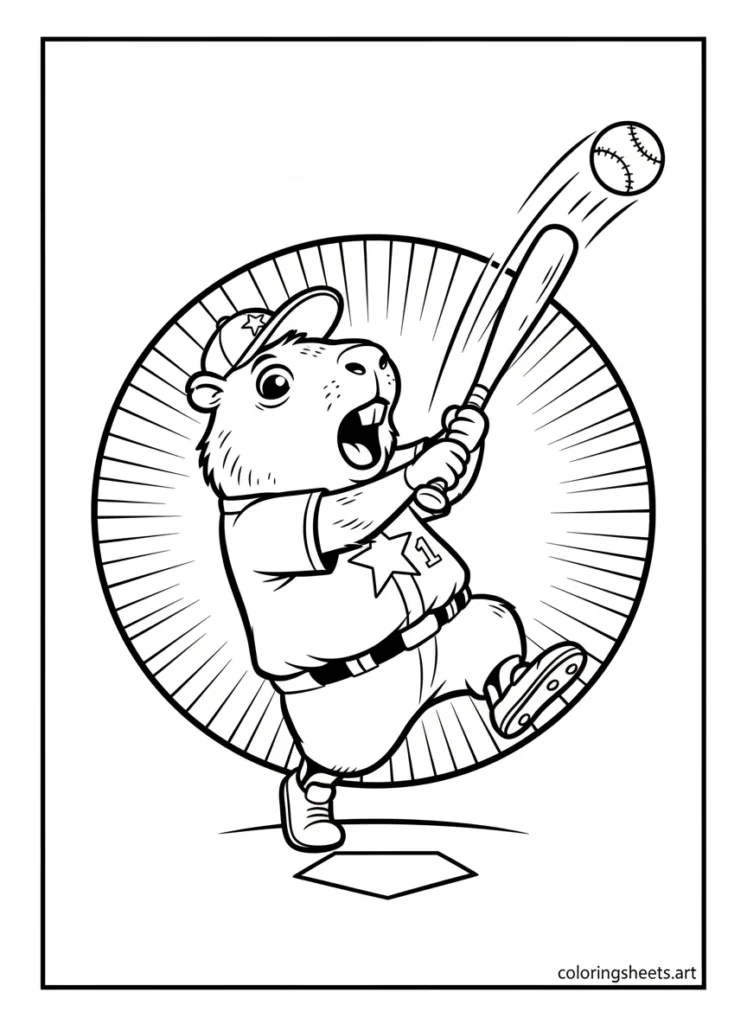 Cartoon capybara playing baseball and hitting a big home run coloring page