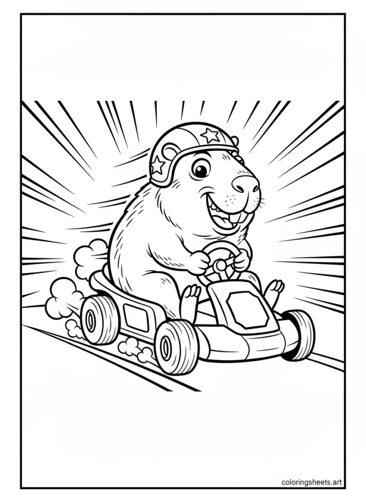 Cartoon capybara driving a tiny go-kart at full speed coloring page